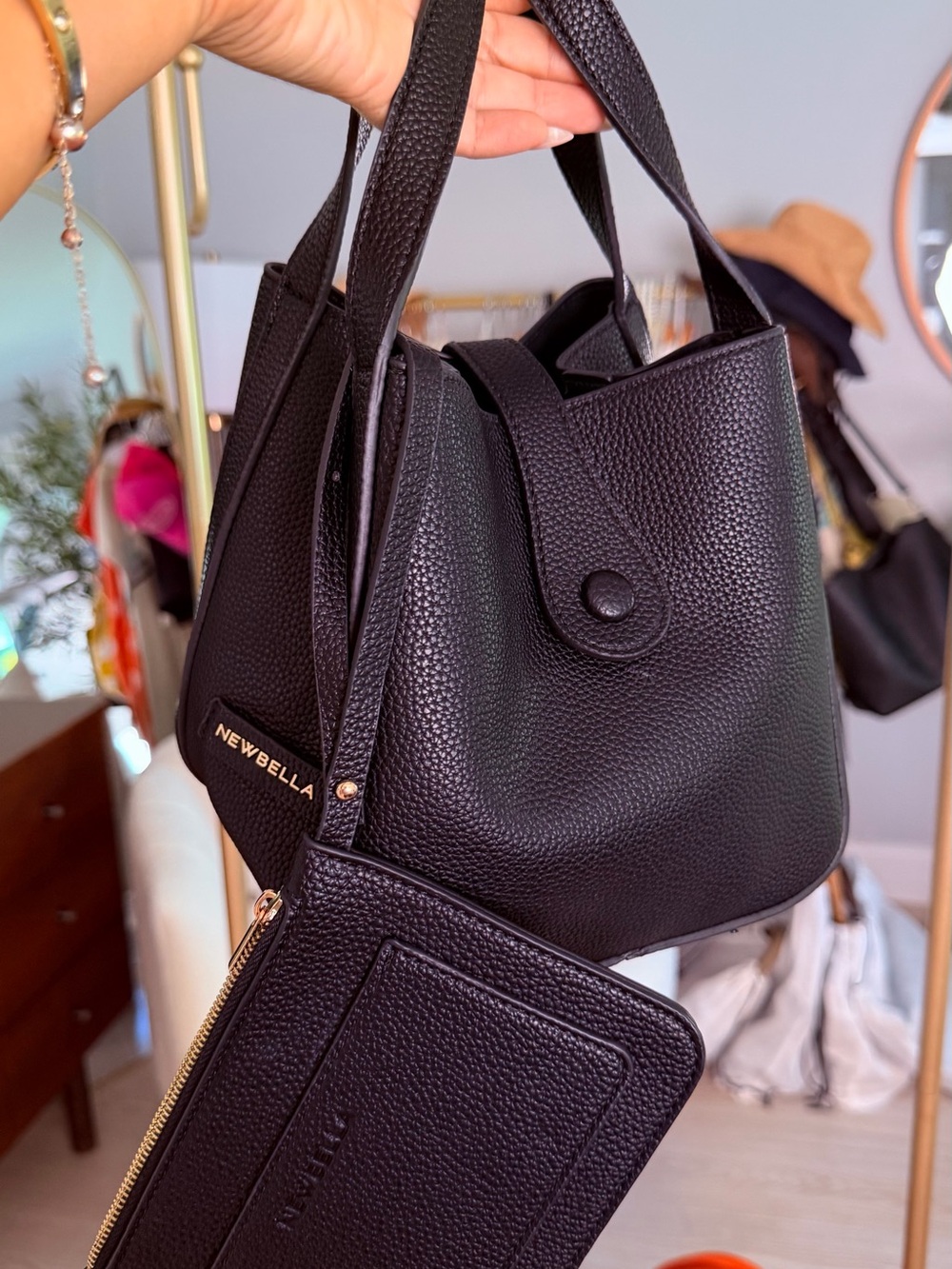 Newbella Black Pebbled Leather Shoulder Bucket Bag with Wristlet